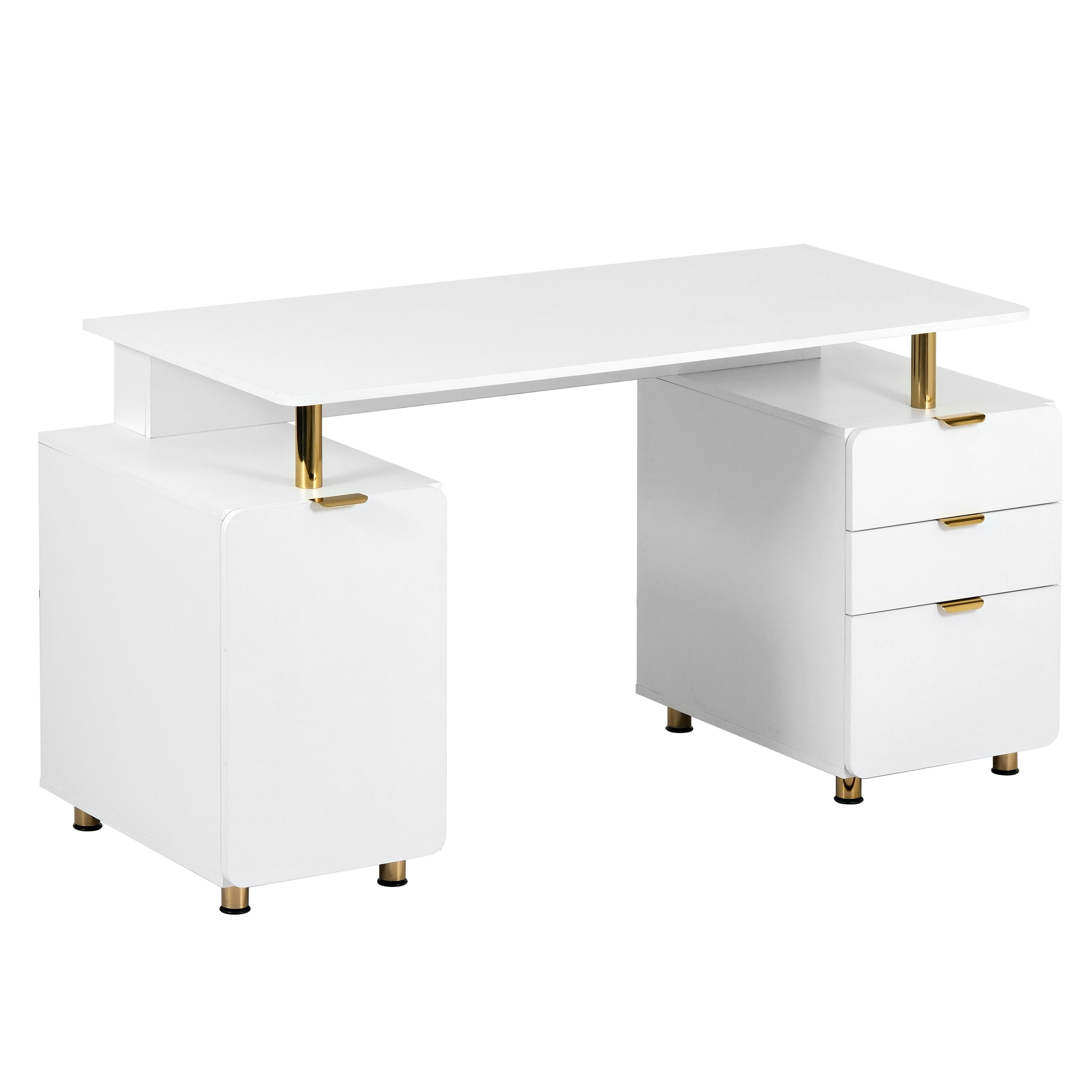 56.75" W Elegant Executive Desk with 3 Drawers and Storage Cabinet, Modern Office Desk with Gold Accents, Floating Work Surface, Closed Storage with Ventilation & Adjustable Shelf, White & Gold
