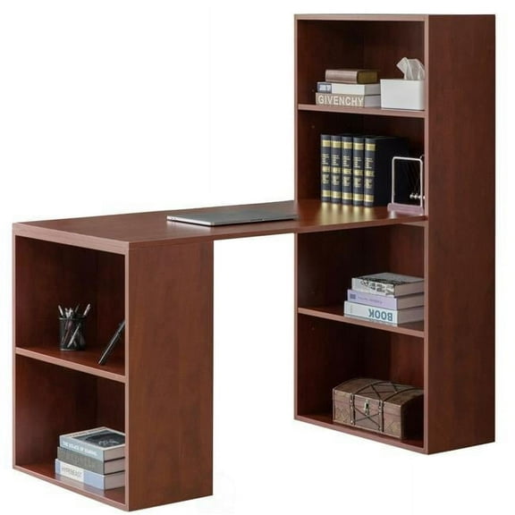56.75 x 27 x 56.5 in. Computer Writing Workstation Table with Combo Bookshelf Bookcase, Cherry - Large - Rectangle