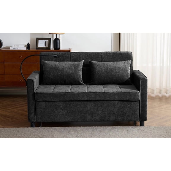56.9" Black Chenille Loveseat Sofa Bed with USB Ports & Phone Holder, Reversible Backrest, Side Pockets - Ideal for Living Room Guest Room Use