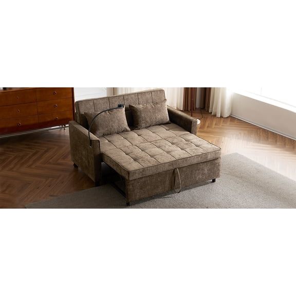 56.9" Brown Chenille Loveseat Sofa Bed Sleeper | Reversible Backrest, 2 USB Ports, Side Pockets, Phone Holder | Ideal for Living Rooms & Guest Rooms