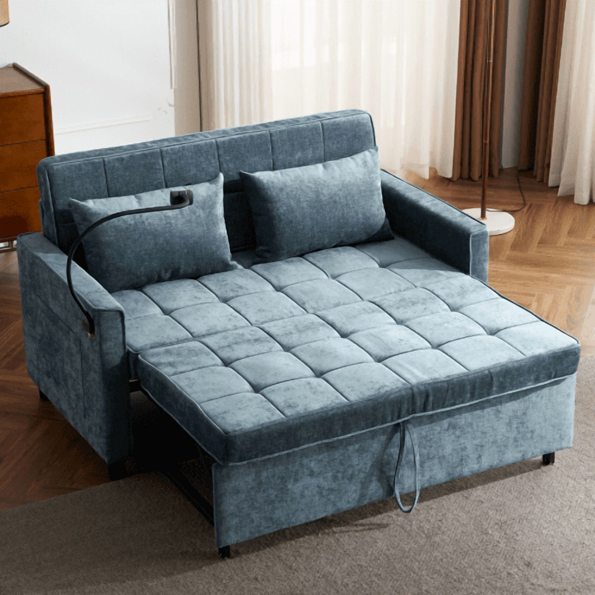 56.9" Loveseat Pull-Out Sofa Bed, Convertible Sleeper Sofa with Reversible Backrest, USB Ports & Phone Holder, Chenille Couch for Living Room, Blue
