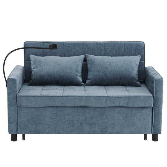 56.9 inches Loveseat Sofa Pull-out Sofa Bed Sleeper Sofa with a Reversible Backrest Cushion, Side Pockets, Two USB Ports and a Phone Holder for Living Room, Blue