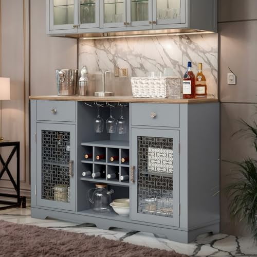56" Blue Wine Coffee Bar Cabinet with Wine Rack & Drawers, Modern Buffet Cabinet with Tempered Glass Doors, Intricate Patterns for Kitchen, Living Room, Dining Room$$Furniture