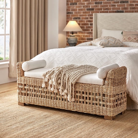 56" Boho Rattan Storage Bench Flip-Top Upholstered Armrest Hollow-Carved Solid Wood Legs Hallway End of Bed Natural
