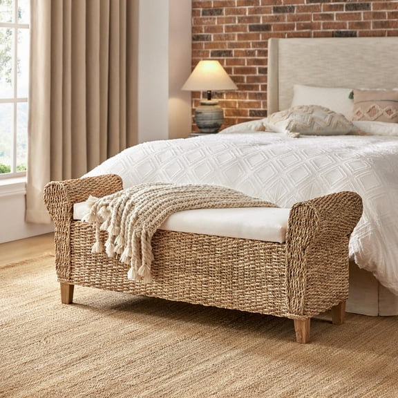 56" Boho Rattan Storage Bench Flip-Top Upholstered Bed Foot Stool Roll Arm Solid Wood Legs Hallway End of Bed Natural