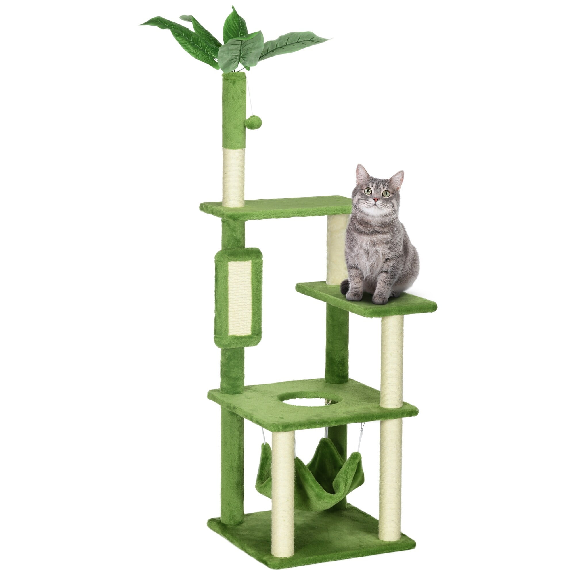 56" Green Sisal and Flannel Cat Tree with Hammock