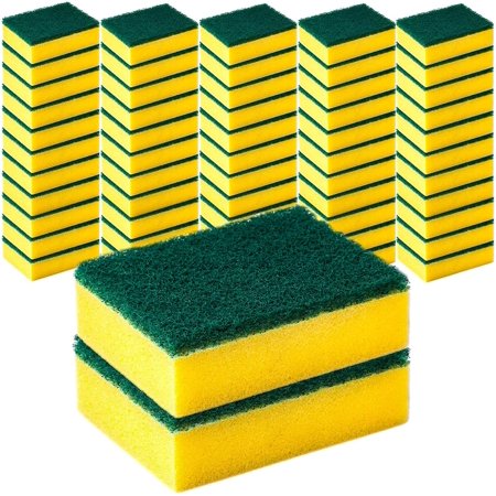 56 Cleaning Scrub Sponges for Kitchen, Dishes, Bathroom, Car Wash, One Scouring Scrubbing One Absorbent Side, Abrasive Scrubber Sponge Dish Pads, Heavy Duty, Green Yellow (Pack of 56)