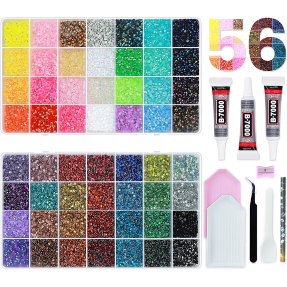 56 Colors Rhinestones for Bedazzling, 2 Boxes 3mm Multicolor Resin Jelly Flatback Gems with 3 Pcs B7000 Jewelry Glue & Tools, Bedazzler Kit for DIY Crafts Book Clothes Makeup Shoes Gifts Decor