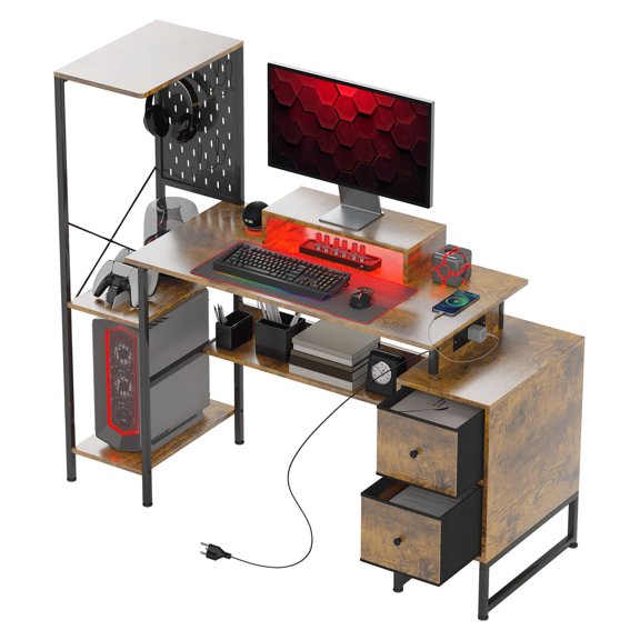 56" Computer Desk with Storage, Power Outlets & LED Lights, Rustic Brown Gaming Table