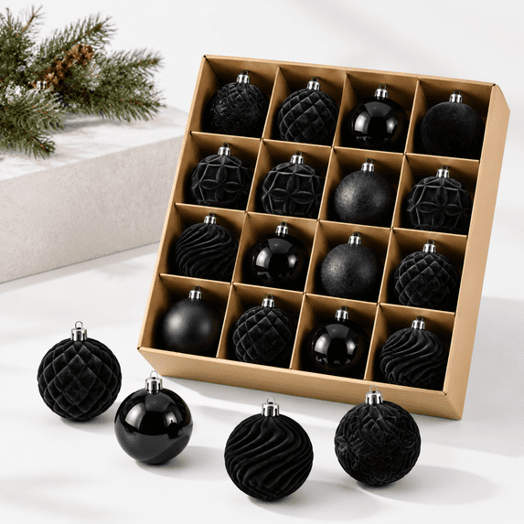 Shiny Graphics 56 Count Black Christmas Ball Ornament Set, 7 Styles, 3 Sizes, Shiny ...