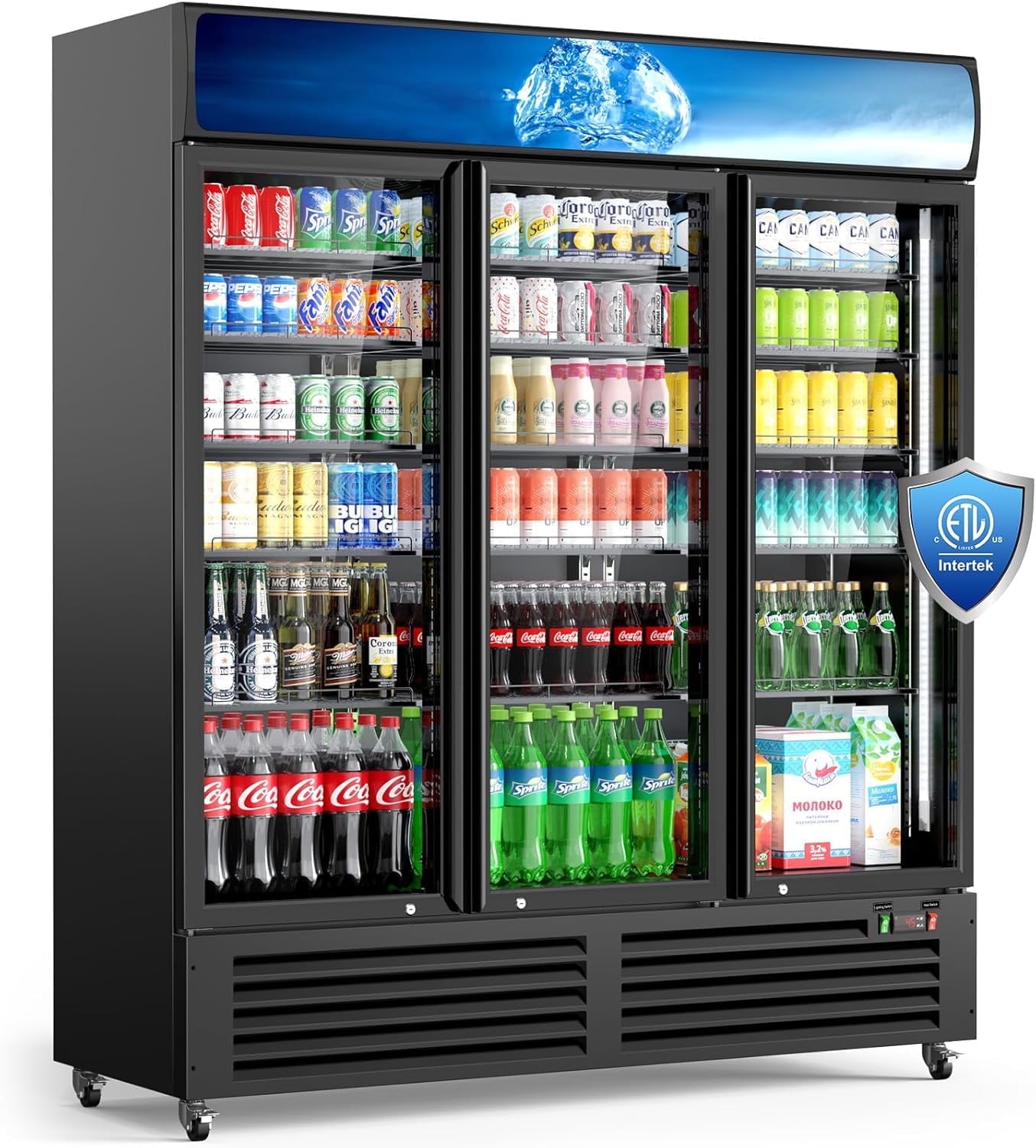 56 Cu Ft Commercial Display Fridge for Beverage,3 Glass Door Upright Refrigerator Merchandiser with Front LED Light