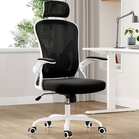56" Ergonomic Office Chair, Desk Chair with Adjustable Headrest and Breathable Mesh, High Back Computer Chair with Adjustable Lumbar Support for Home Office Study Room, White & Black