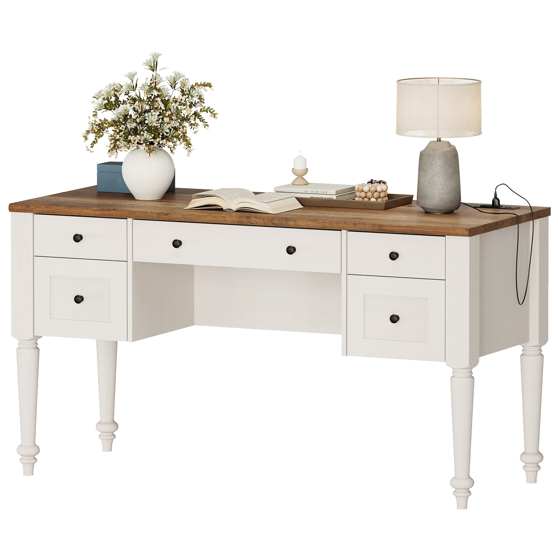 Farmhouse Executive Desk with Drawers, Charging Function, File Drawer, for Home Office, Work, Study Room, Oak