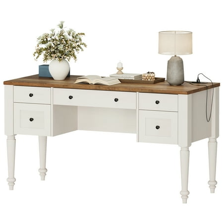 Farmhouse Executive Desk with Drawers, Charging Function, File Drawer, for Home Office, Work, Study Room, Off White