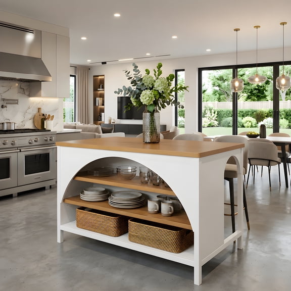 56" Farmhouse Kitchen Island, Offering Vertical Storage, Spacious Open Storage, 55.9"L x 33.0"W x 36.5"H, for Kitchen