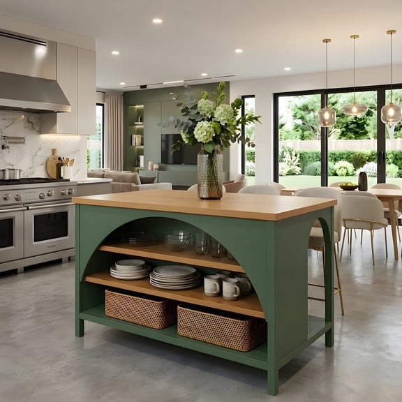 56" Farmhouse Kitchen Island with Open Storage, Rubber Wood Kitchen Cart with Arch Detail and Natural Top, Green