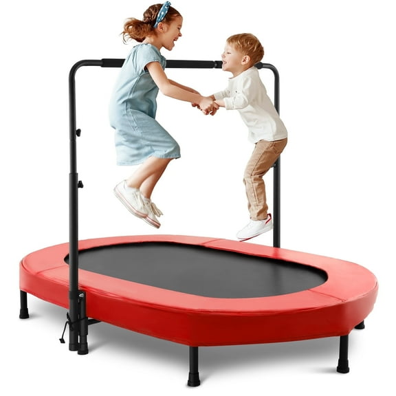 56" Foldable Kids Trampoline, Double Mini Trampoline Rebounder with Adjustable Central Handrail, Exercise Trampoline for Kids, Max Load 220lbs,Red