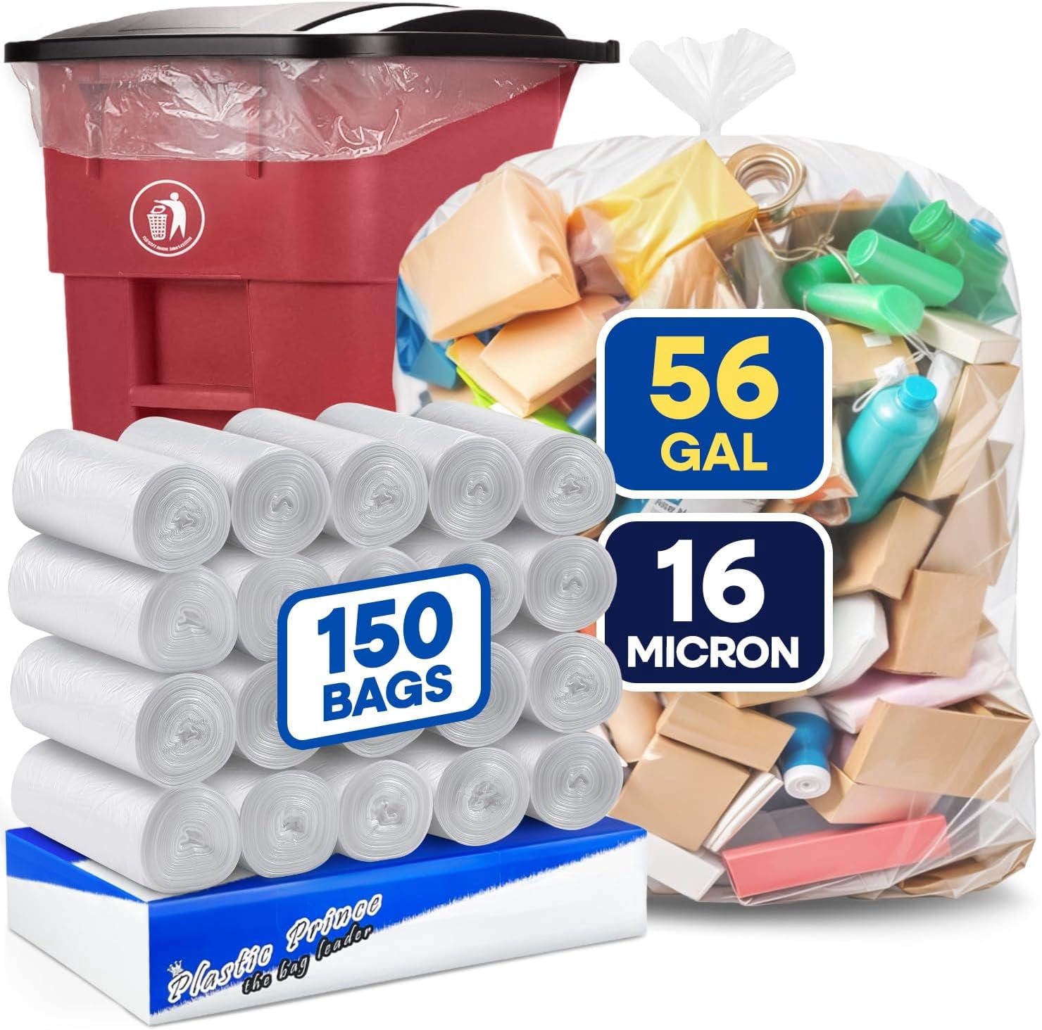 Plasticplace 56 Gallon Trash Bags - 150 Count Clear Heavy Duty Garbage Bags, 16 Microns, Leak-Proof