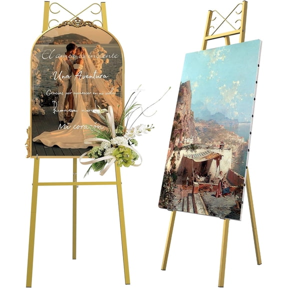 56" Gold Easel Stand for Wedding Signs Adjustable Height Metal Display Easel with Chain Support, Heavy Duty Floor Standing Easel for Art, Posters, Pictures, Paintings, and Party Dcor