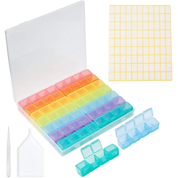 56 Grids Diamond Painting Storage Containers Colored Removable Grids with 297pcs Label Stickers 1 pc Tweezer 1 pc Tray Plate