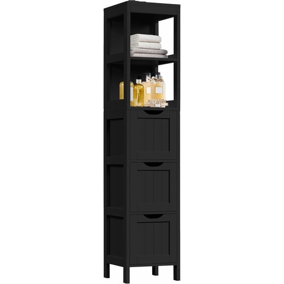 56”H Bathroom Storage Cabinet, Narrow Freestanding Floor Cabinet with 3 Drawers & 2 Shelves, Tall Slim Bathroom Organization for Living Room/Hallway/Small Space,Black