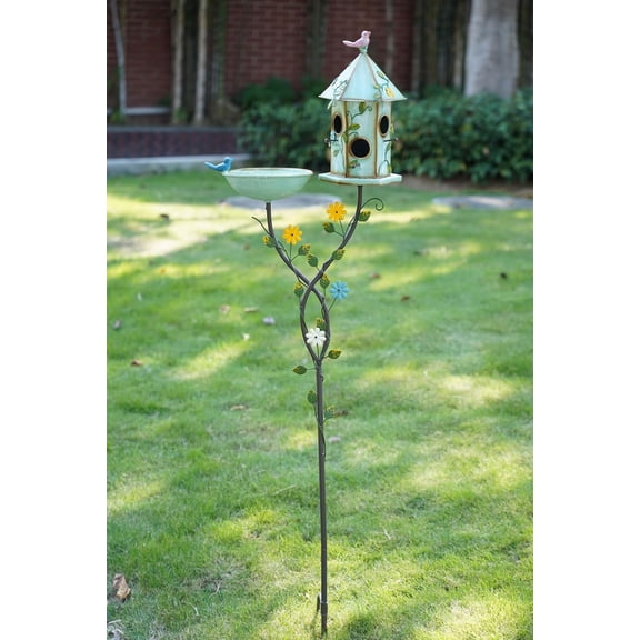56" H Bird Baths and Bird Houses with Pole,Metal Bird Bath Bowl,birdhouses for Outdoors,Bird Bath with Stake,Garden Yard Decor