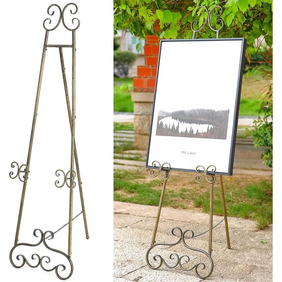 56" H Metal Scroll Extra Large Free Standing Adjustable Display Easel, Vintage Decorative Floor Display Stand Easel with Chain Support for Picture Frame Wedding Sign