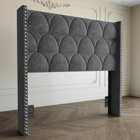 56" High Wingback Upholstered Velvet Headboard, Floor-Standing Design with Nailhead Trim, Adjustable Height, Queen & King Compatible