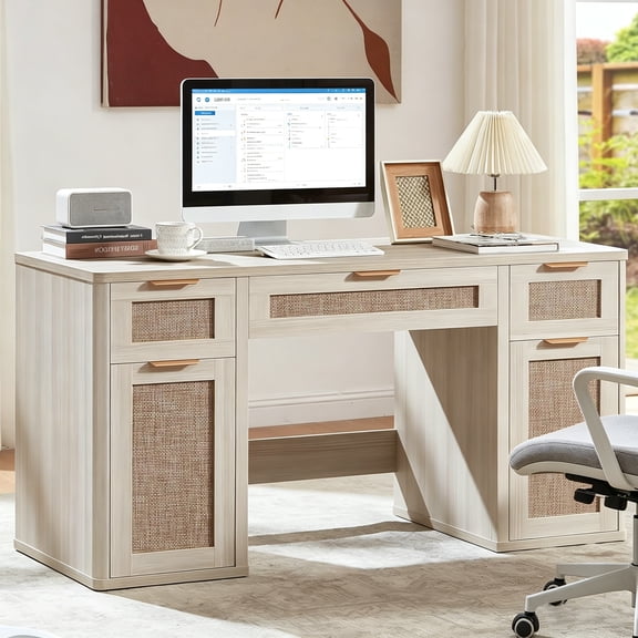 56" Home Office Desk with 3 Drawers & 2 Cabinet, Modern Computer Desk with Small Space, Corner Computer Desk, Grey White