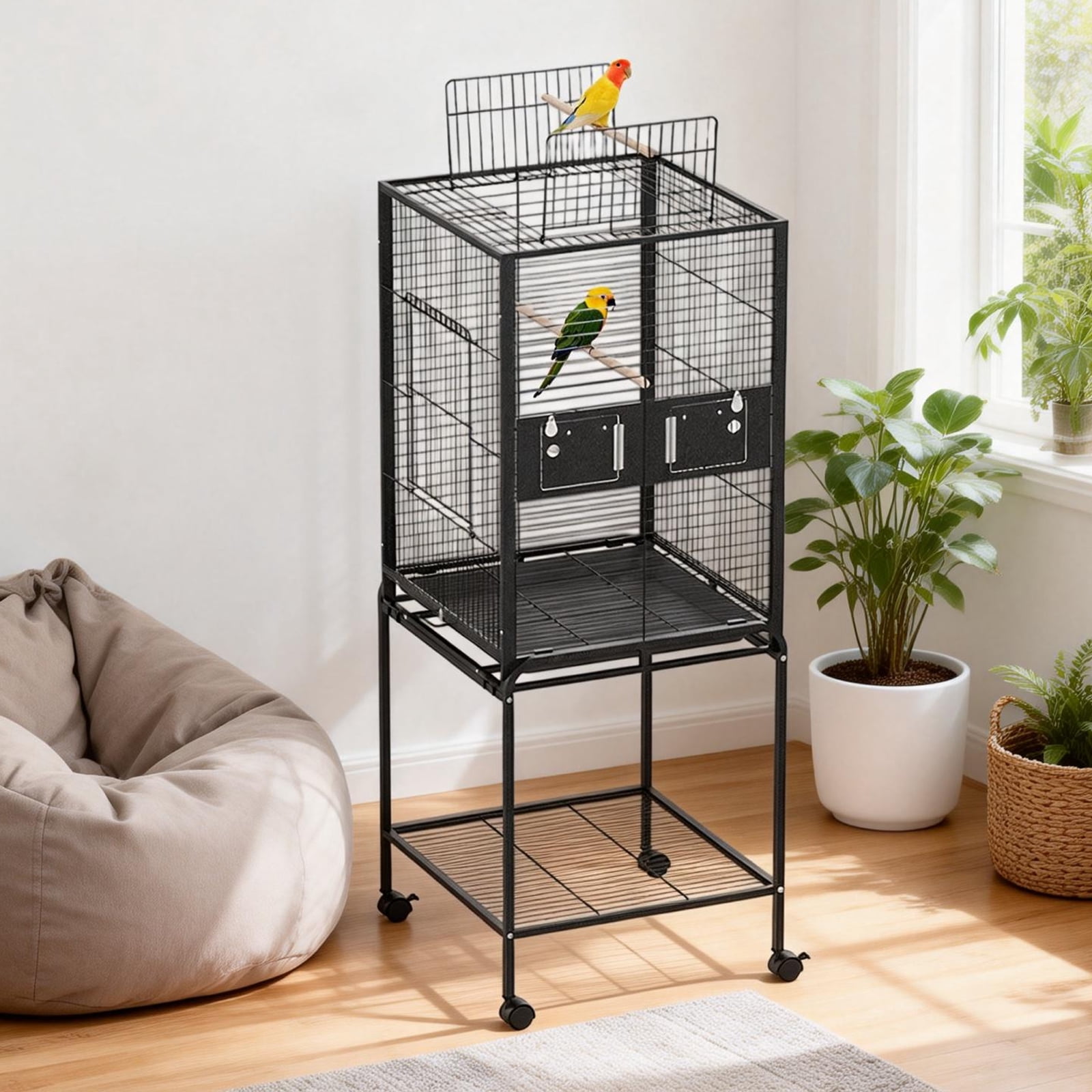56 Inch Bird Flight Cage, Standing Wrought Iron Bird Cage with Rolling ...