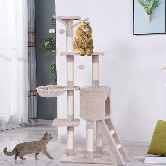 56 Inch Cat Tree Tower, Multi Level Cat Furniture Activity Center With Scching Posts, Climbing Ladder, Round House Condo For Kittens Kitty Pet Indoor Play, Beige