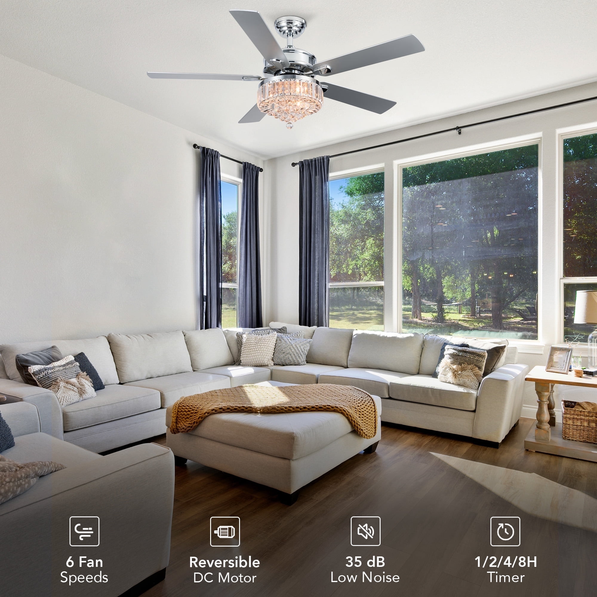 56'' Indoor Ceiling Fan, Silver ABS Blades, LED Light Kit (15W