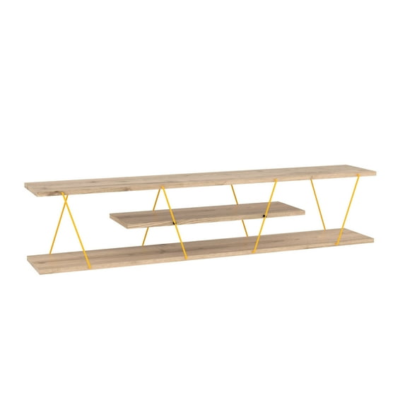 56 Inch Mid Century Modern Tv Stand, Open Storage With 4 Shelves, Yellow/oak, Solid Wood Entertainment Centre, Low Unit Stand In Wood, Shelves Storage, Yellow/oak