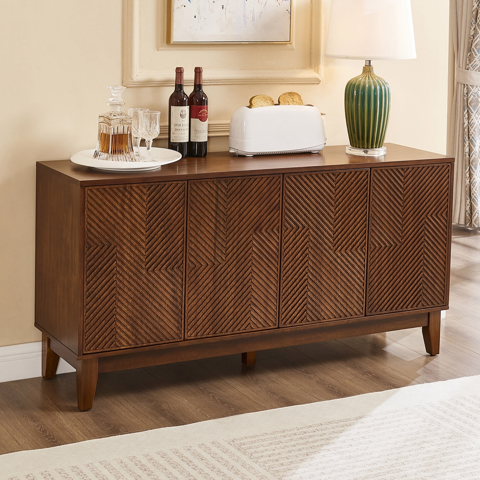 56-Inch Mid-Century TV Stand with Carved Geometric Doors and Adjustable Shelves, Wood Media Console and Entertainment Center, Walnut