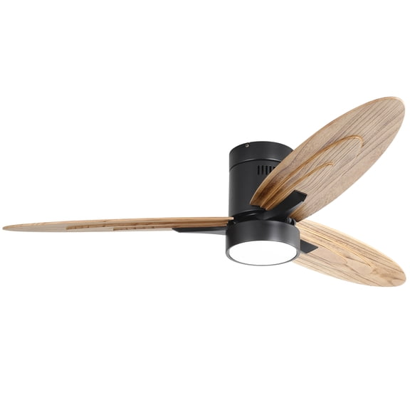 56 Inch Modern Design Flush Mount Ceiling Fan with Light and Remote Control, 3 Solid Wood Blades Reversible DC Motor Black for Living Room, Black & Light Woodgrain