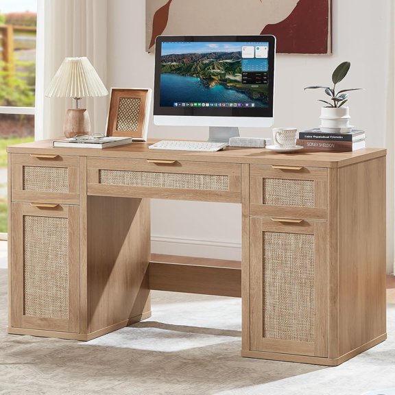 56-Inch Natural Rattan Farmhouse Executive Desk with File Cabinet Drawers and Metal Handles