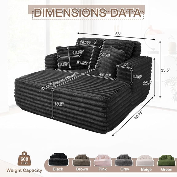 56 Inch Oversized Chaise Lounge Chair Indoor Plush Faux Fur Sleeper Sofa with Pillows Wide Armrests Fluffy Cloud Couch for Living Room Bedroom Black