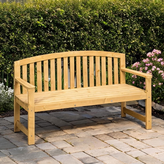 56-Inch Two-Seater Outdoor Wood Bench with Backrest and Armrest, Slatted, Light Natural