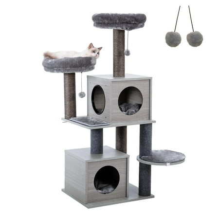 56-Inch Wooden Cat Tree with 2 Super Large Condos - Grey