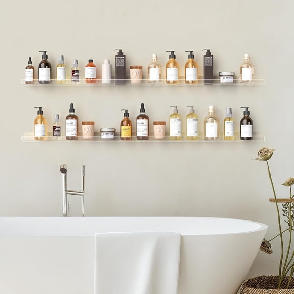 56 Inches Invisible Wall Floating Bookshelf for Kids and Nursery, 16 Inch Stud Spacing Clear Acrylic Shelves for Figures, Long Large Picture Ledge Shelf for Photo Frames, 2 Pack (5MM Thick)