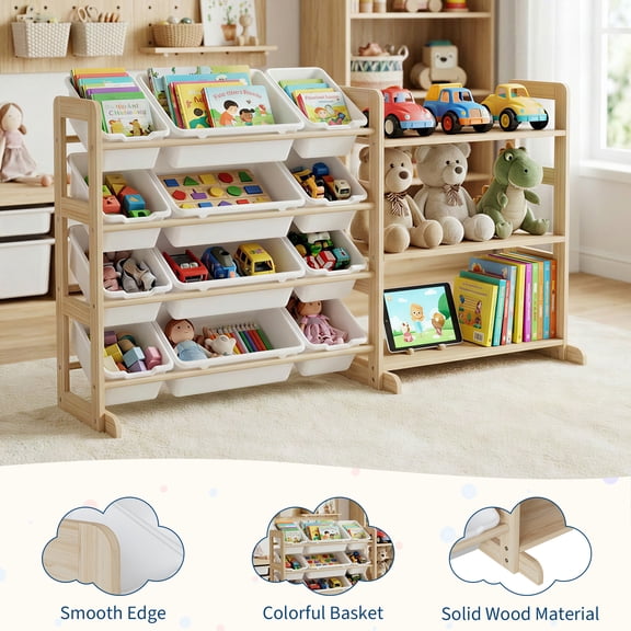 56" Kids Toy Storage Organizer & Bookshelf, Solid Pine Wood - 12 Bins, 3 Open Shelves, Anti-Tip, Rounded Edges - Playroom/Bedroom/Nursery - White