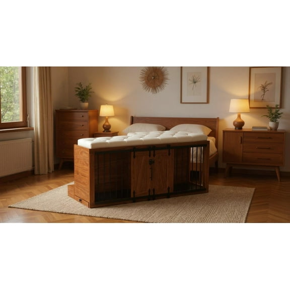 56"L 2-in-1 Dog Crate & Bench Ottoman with Sliding Barn Door, Luxury Wooden Kennel & Removable Cushion for Small Dogs - Bedroom/Living Room Storage Seat