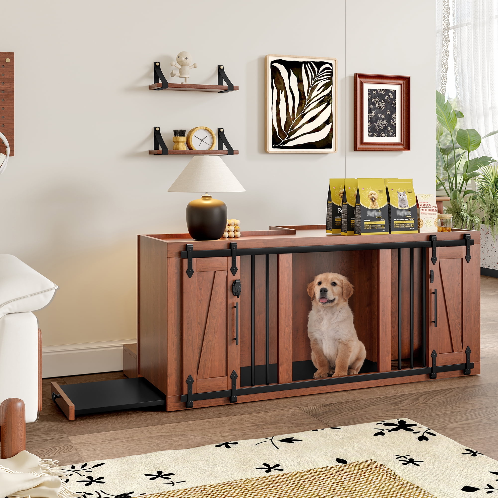56"L, Furniture Style 2 in 1 Dog Crate with Padded Seat, Sliding Barn ...