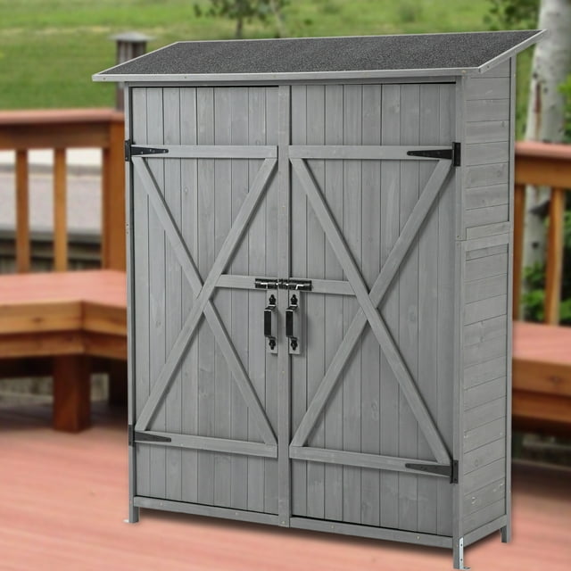 56"L Gray Outdoor Storage Shed - Wooden Tool Storage with Lockable Door, Detachable Shelves, and Stylish Pitch Roof. Perfect for Organizing Your Garden and Backyard!