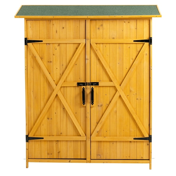 56"L Natural Wood Outdoor Storage Shed - Lockable Tool Shed with Detachable Shelves & Stylish Pitch Roof. Perfect for Organizing Tools in Your Backyard or Garden!