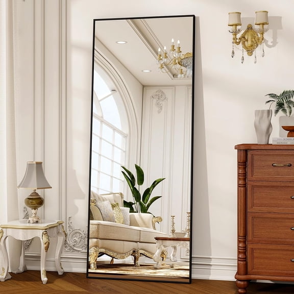 56" L x 21" W Full Length Standing or Wall Mounted Floor Mirror with Aluminum Alloy Frame Black