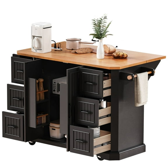 56" Large Kitchen Island with Power Outlet and Drop Leaf, Rolling Kitchen Island Cart with 6 Drawers and 1 Cabinet for Kitchen, Dining Room, Black