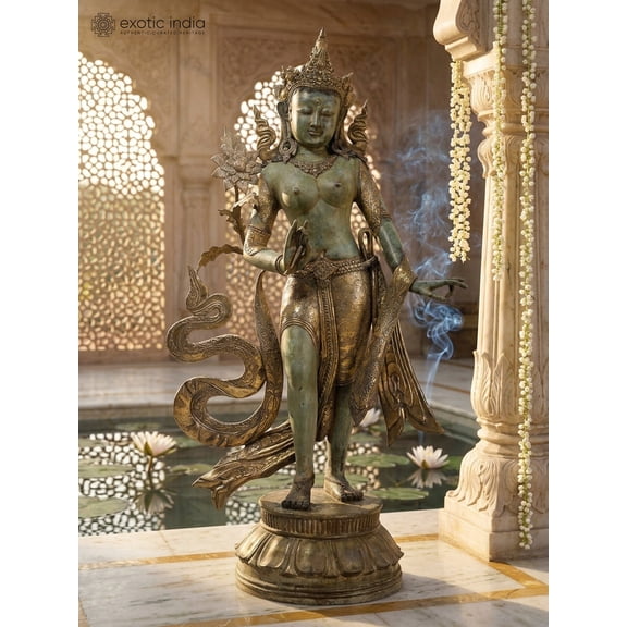 56" Large Standing Goddess Green Tara | Balinese Brass Statue