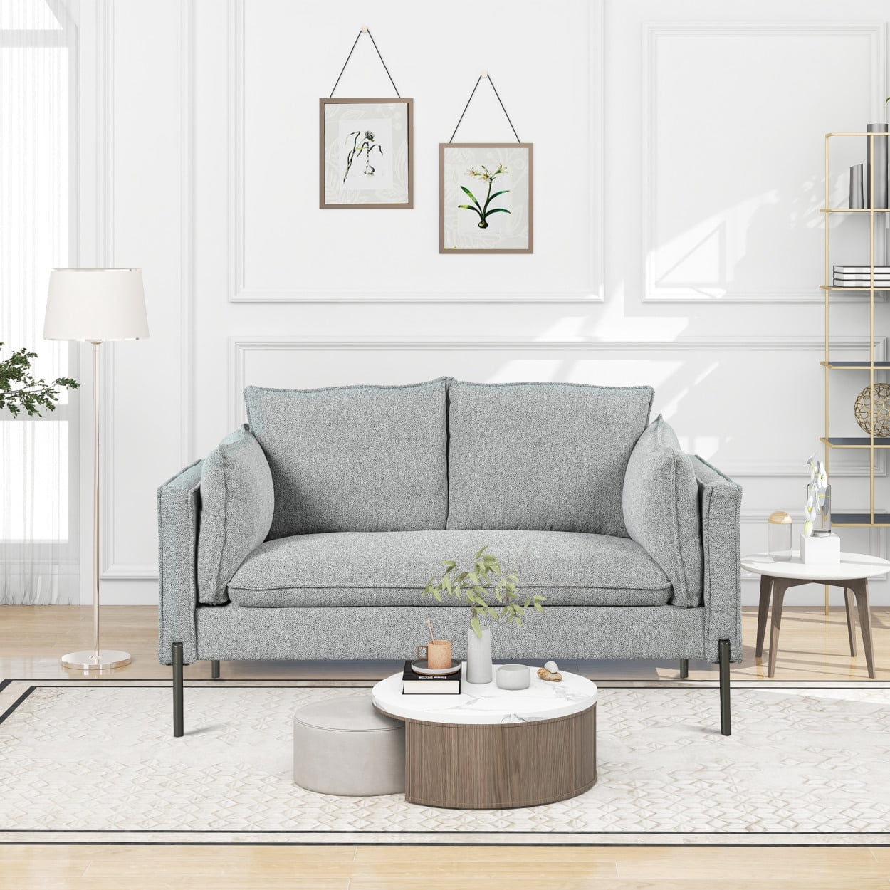 56" Linen Fabric Small Loveseat Sofa, Modern 2 Seater Sofa with 6 ...