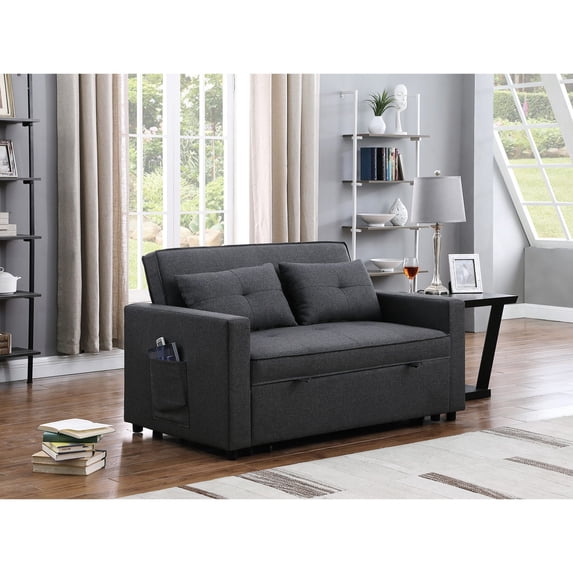 56" Linen Sleeper Loveseat with Side Pocket / Convert for Sleep, Keep Essentials Handy